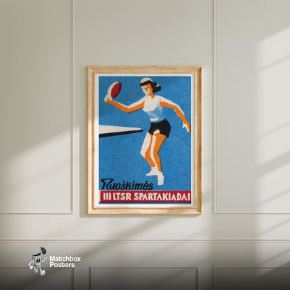 Female Athlete Playing Table Tennis - vintage matchbox label print - bedroom mockup