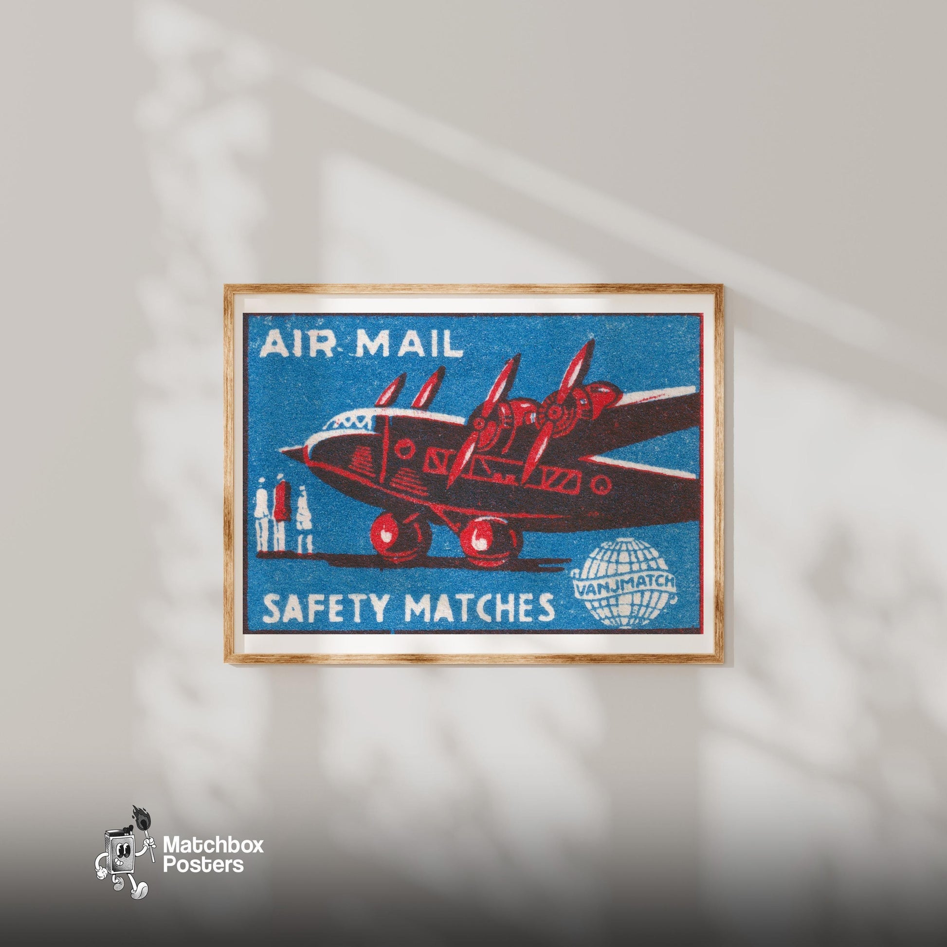 Red Airplane - vintage matchbox label print - bedroom mockup