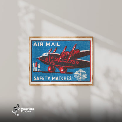 Red Airplane - vintage matchbox label print - bedroom mockup