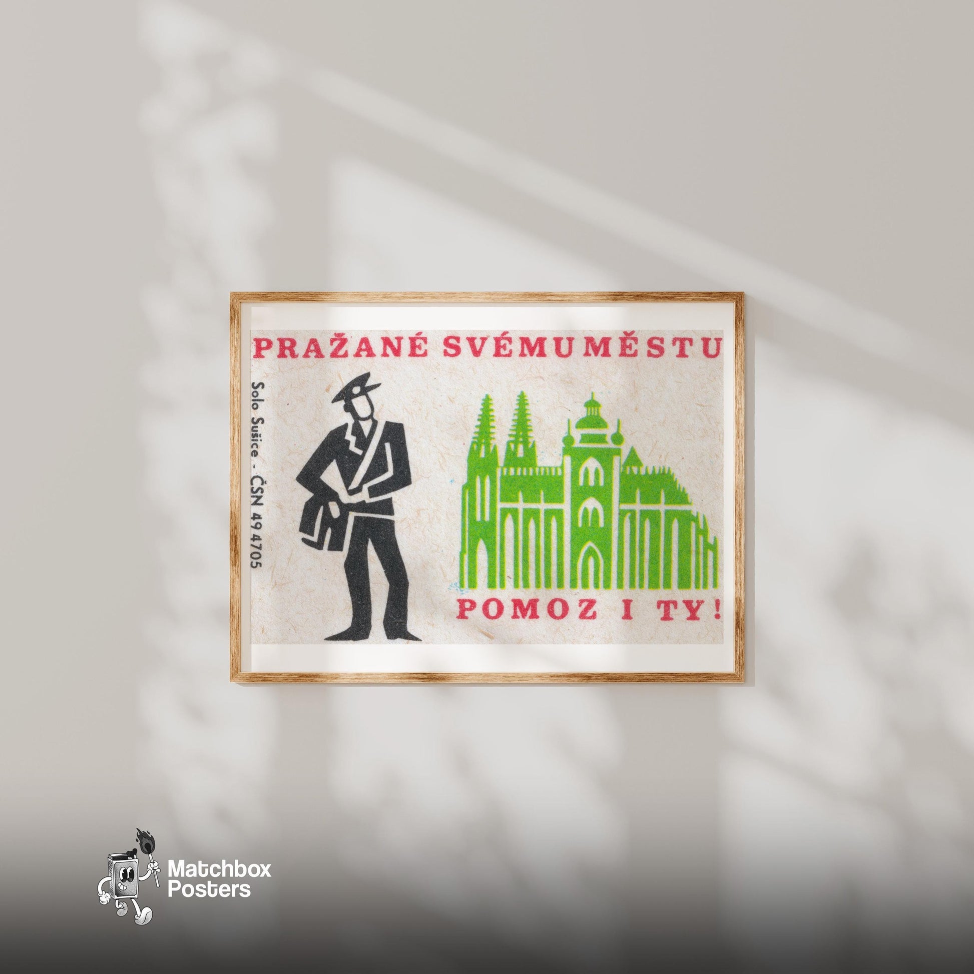 Prague Postman - vintage matchbox label print - bedroom mockup