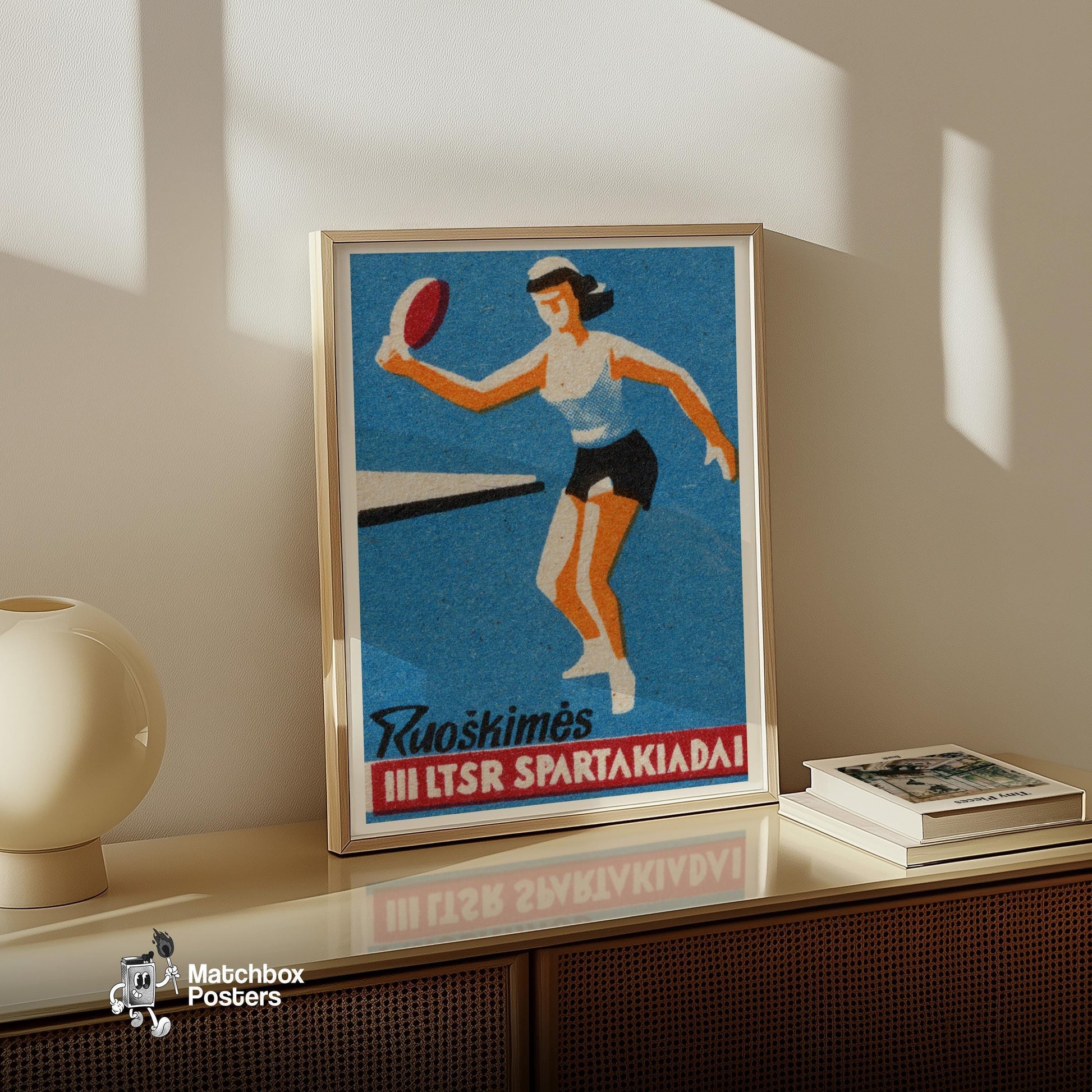 Female Athlete Playing Table Tennis - vintage matchbox label print - size comparison