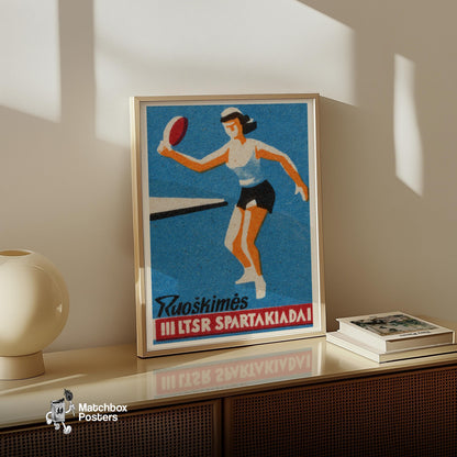 Female Athlete Playing Table Tennis - vintage matchbox label print - size comparison