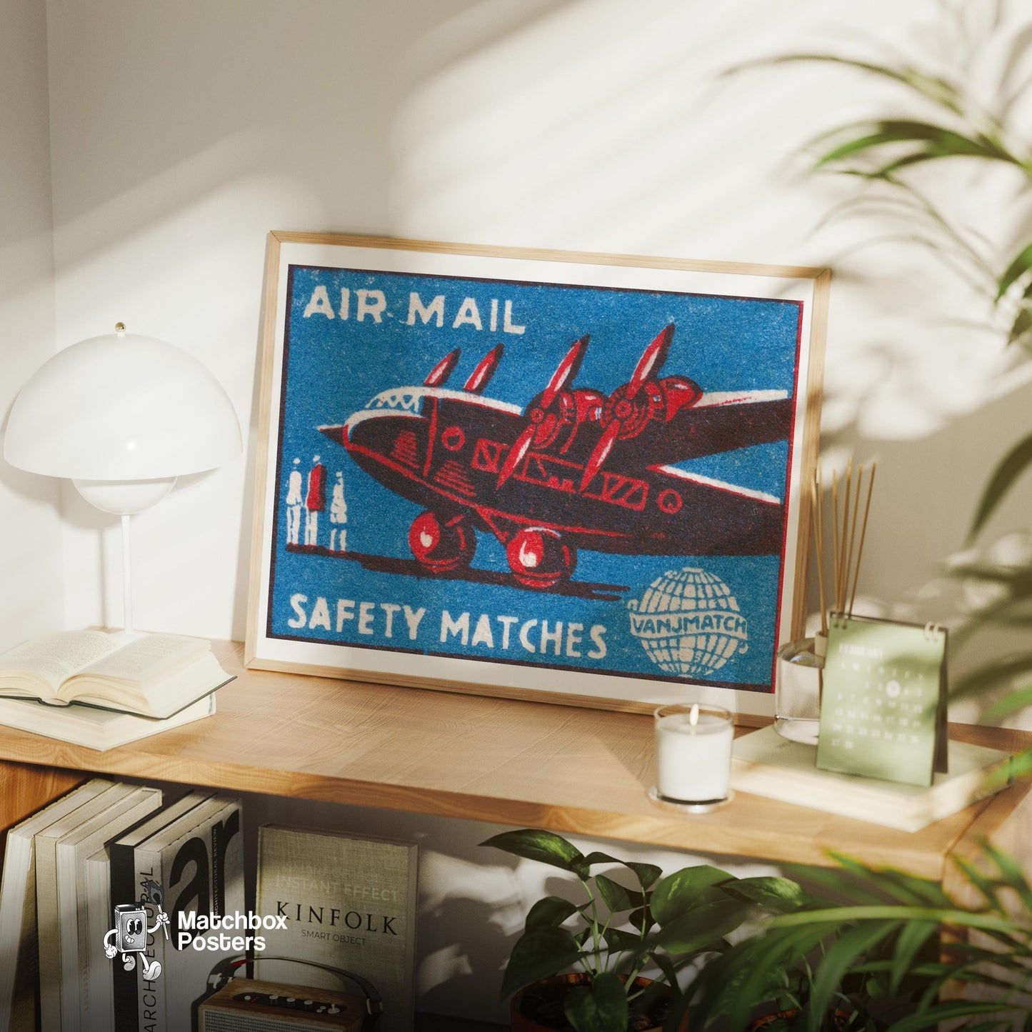 Red Airplane - vintage matchbox label print - office wall