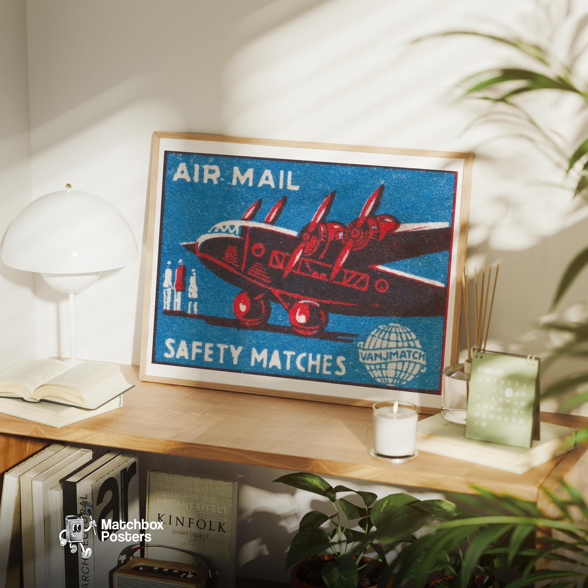 Red Airplane - vintage matchbox label print - office wall