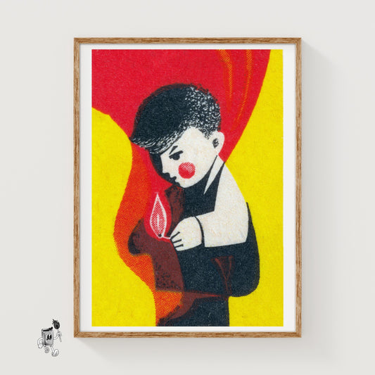 Boy with Match - vintage matchbox label print