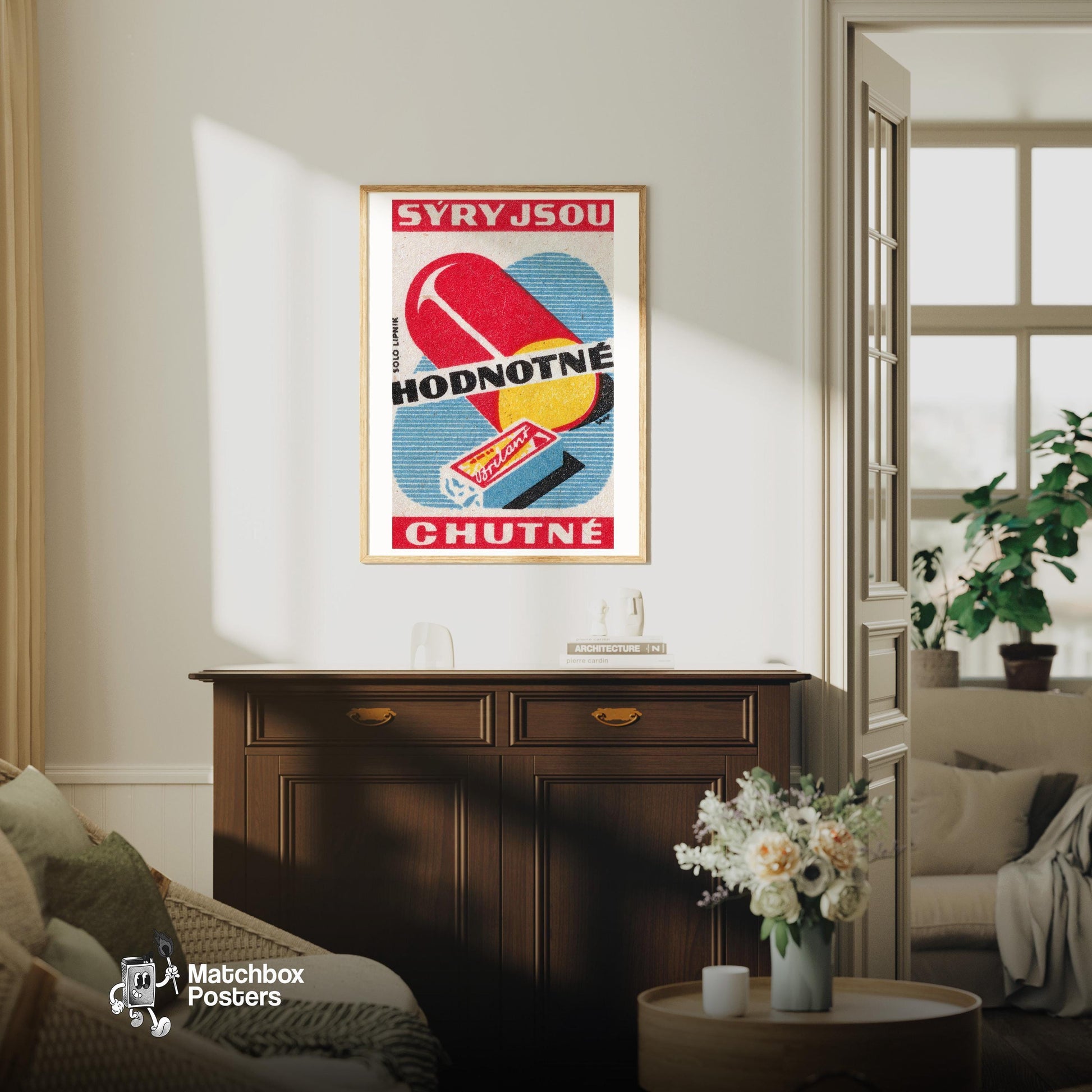 Cheese - vintage matchbox label print - living room mockup