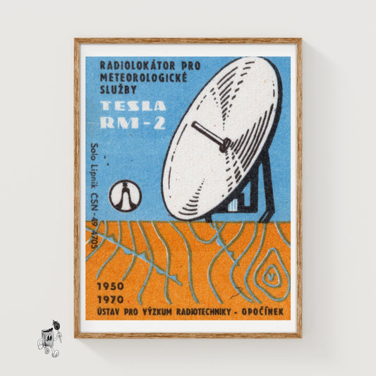 Illustration Of A Satellite Dish - vintage matchbox label print