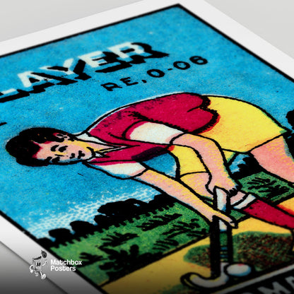 Field Hockey Player - vintage matchbox label print - close-up detail