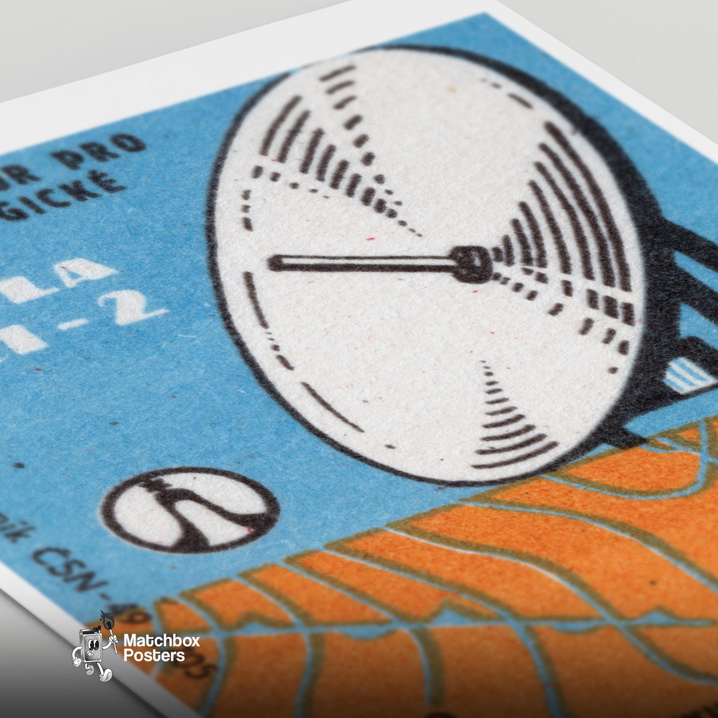 Illustration Of A Satellite Dish - vintage matchbox label print - close-up detail