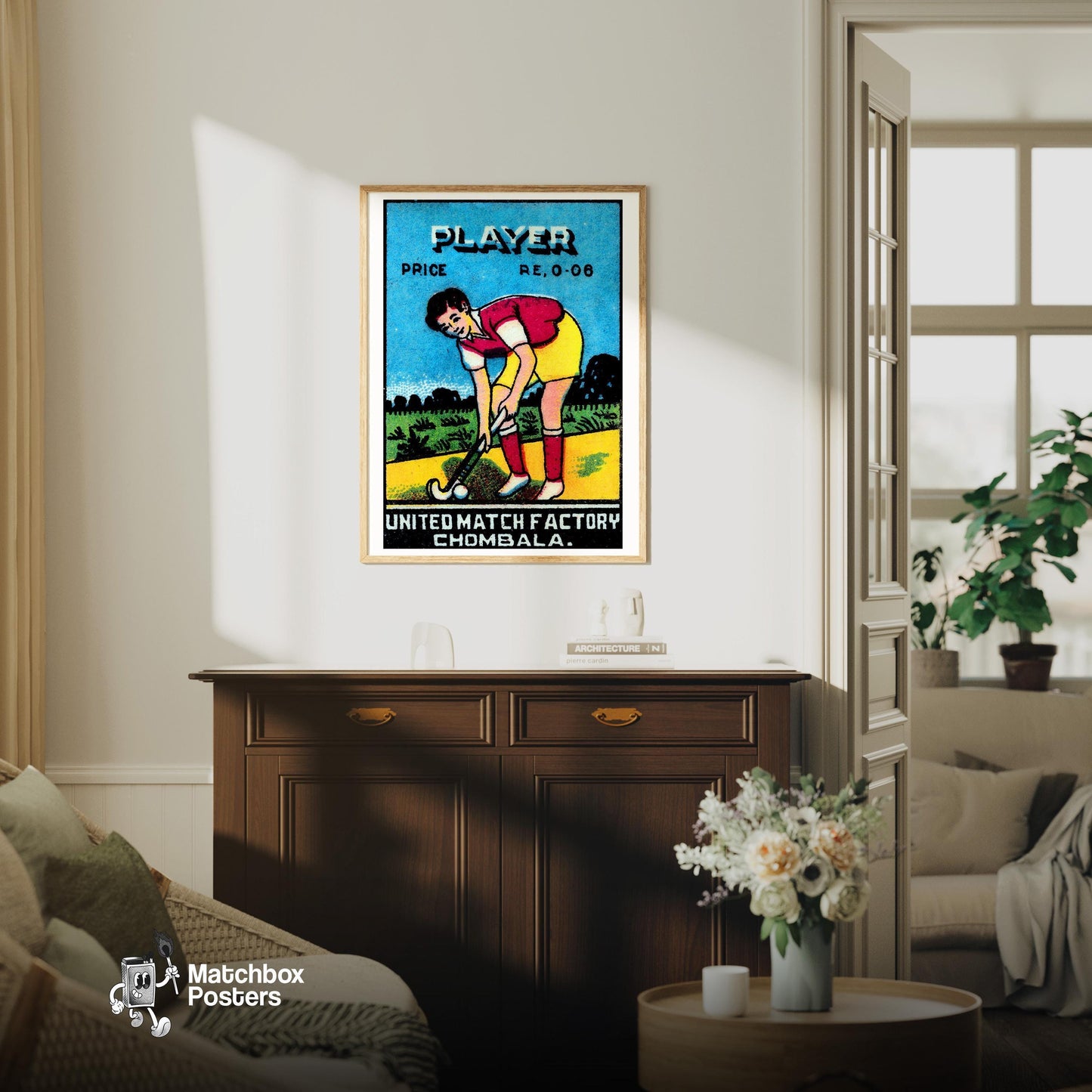 Field Hockey Player - vintage matchbox label print - living room mockup