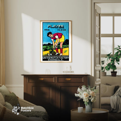 Field Hockey Player - vintage matchbox label print - living room mockup