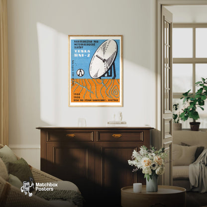 Illustration Of A Satellite Dish - vintage matchbox label print - living room mockup