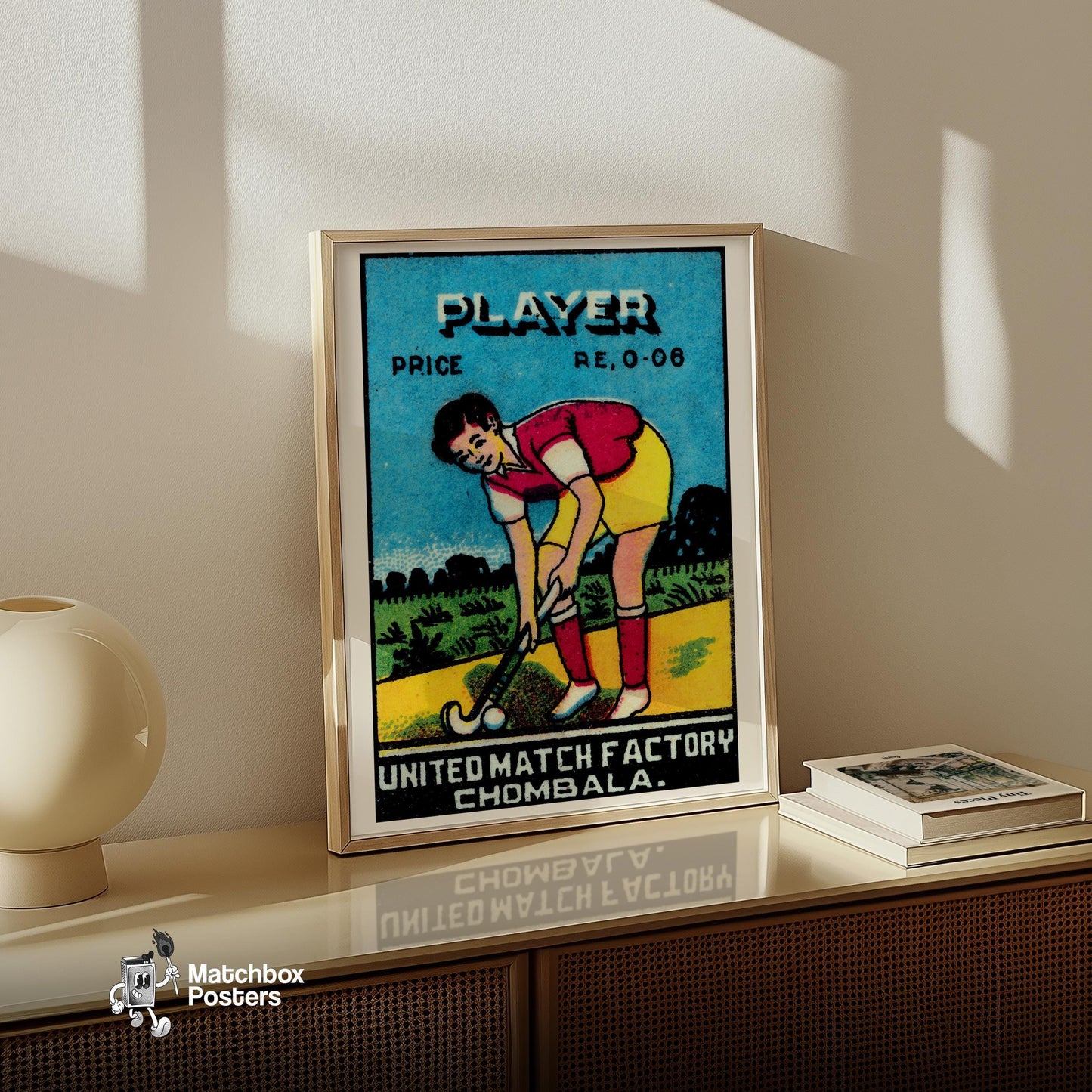 Field Hockey Player - vintage matchbox label print - size comparison