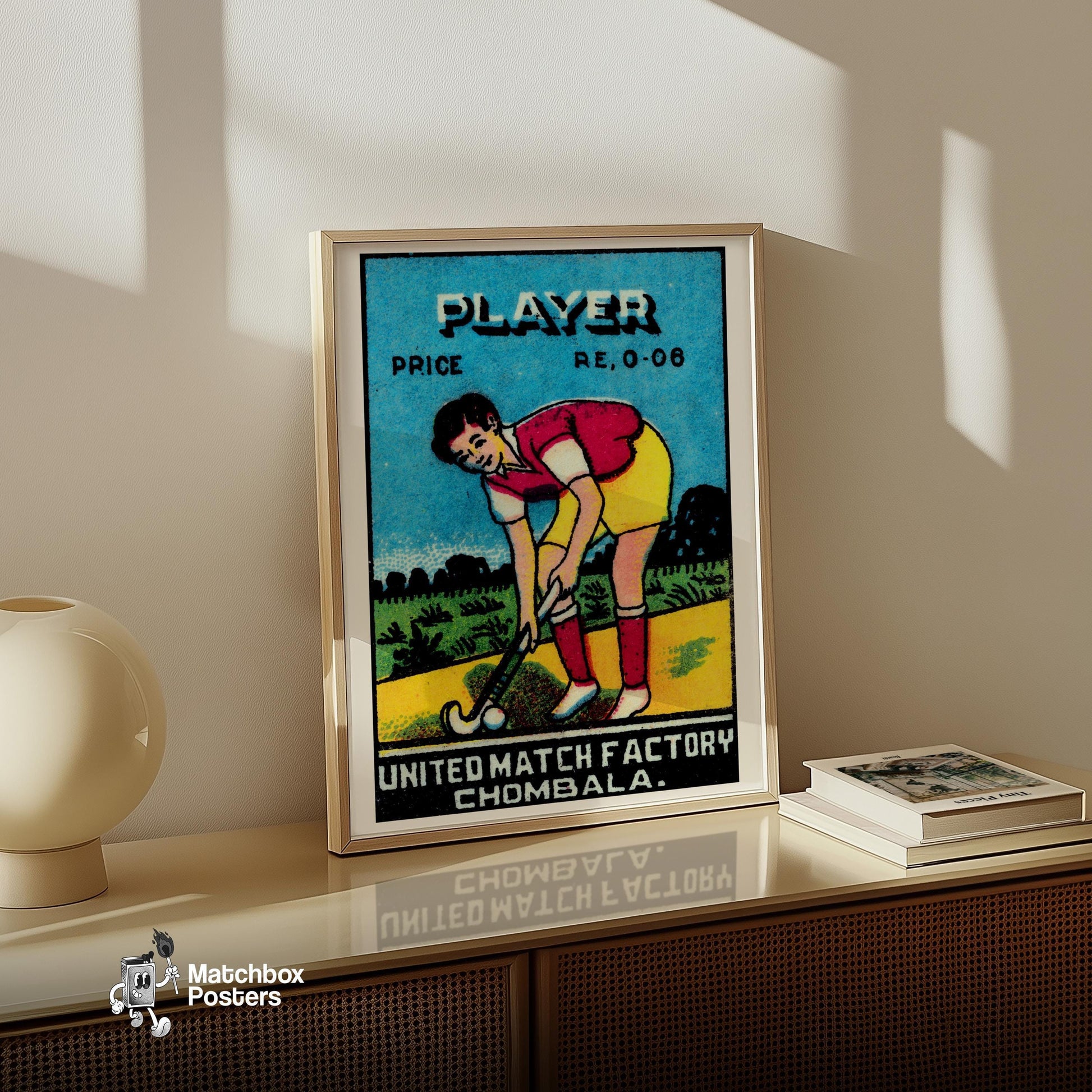 Field Hockey Player - vintage matchbox label print - size comparison