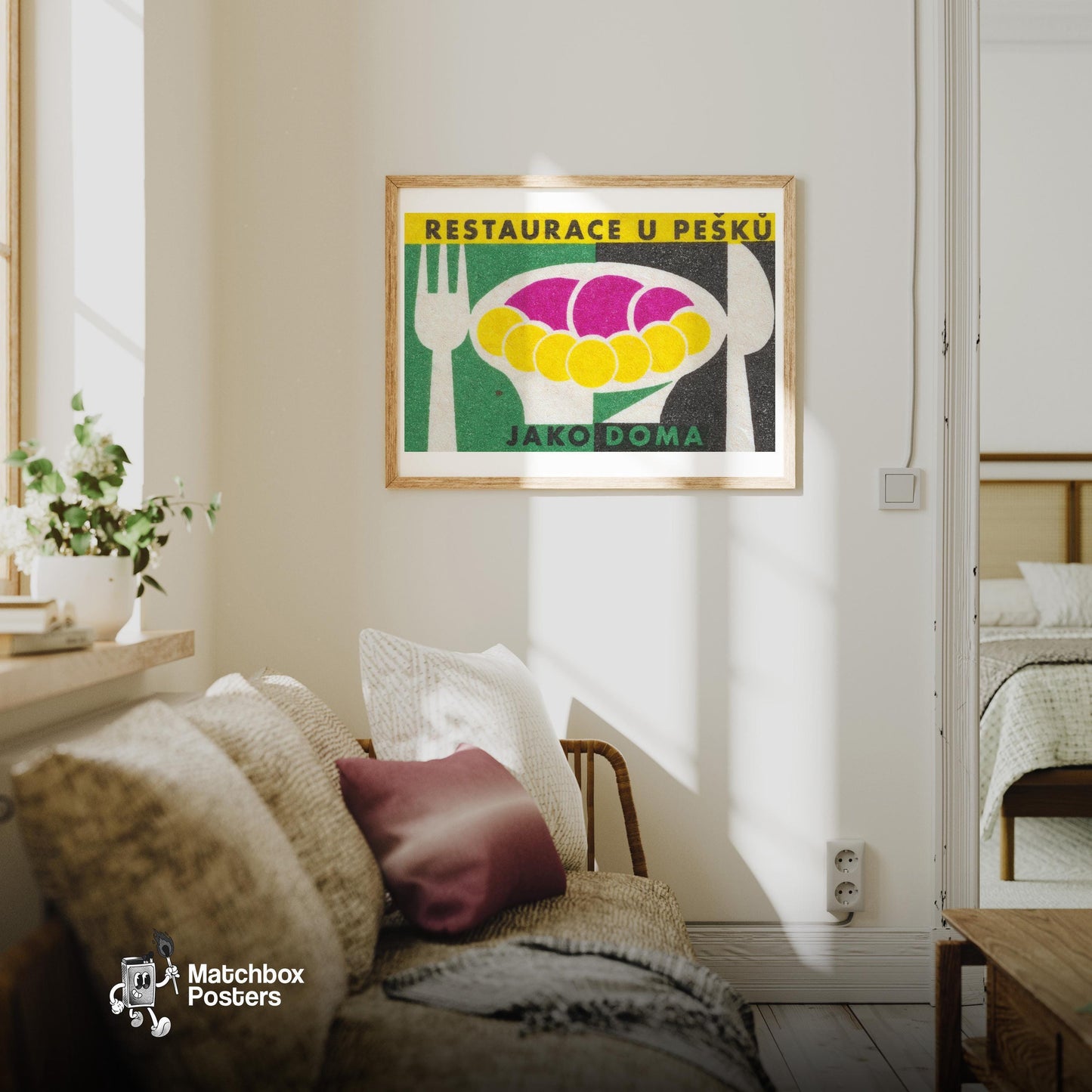 Plate with Food - vintage matchbox label print - living room mockup