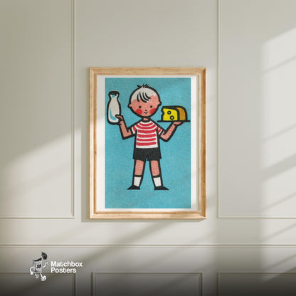 Boy with Milk and Cheese - vintage matchbox label print - bedroom mockup