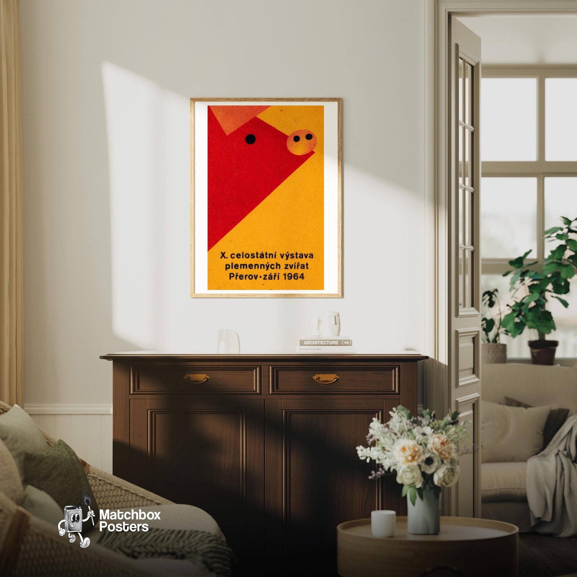 Geometric Pig - vintage matchbox label print - living room mockup