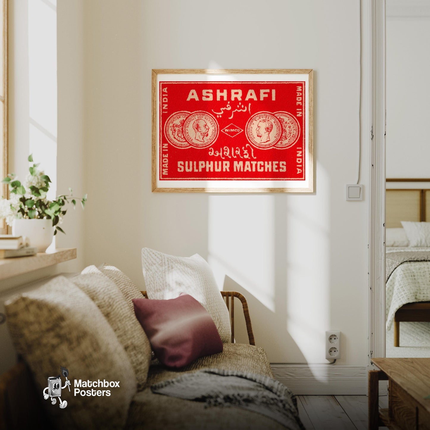 Matchbox Label India 1920s-30s Matchbox Label - vintage matchbox label print - living room mockup