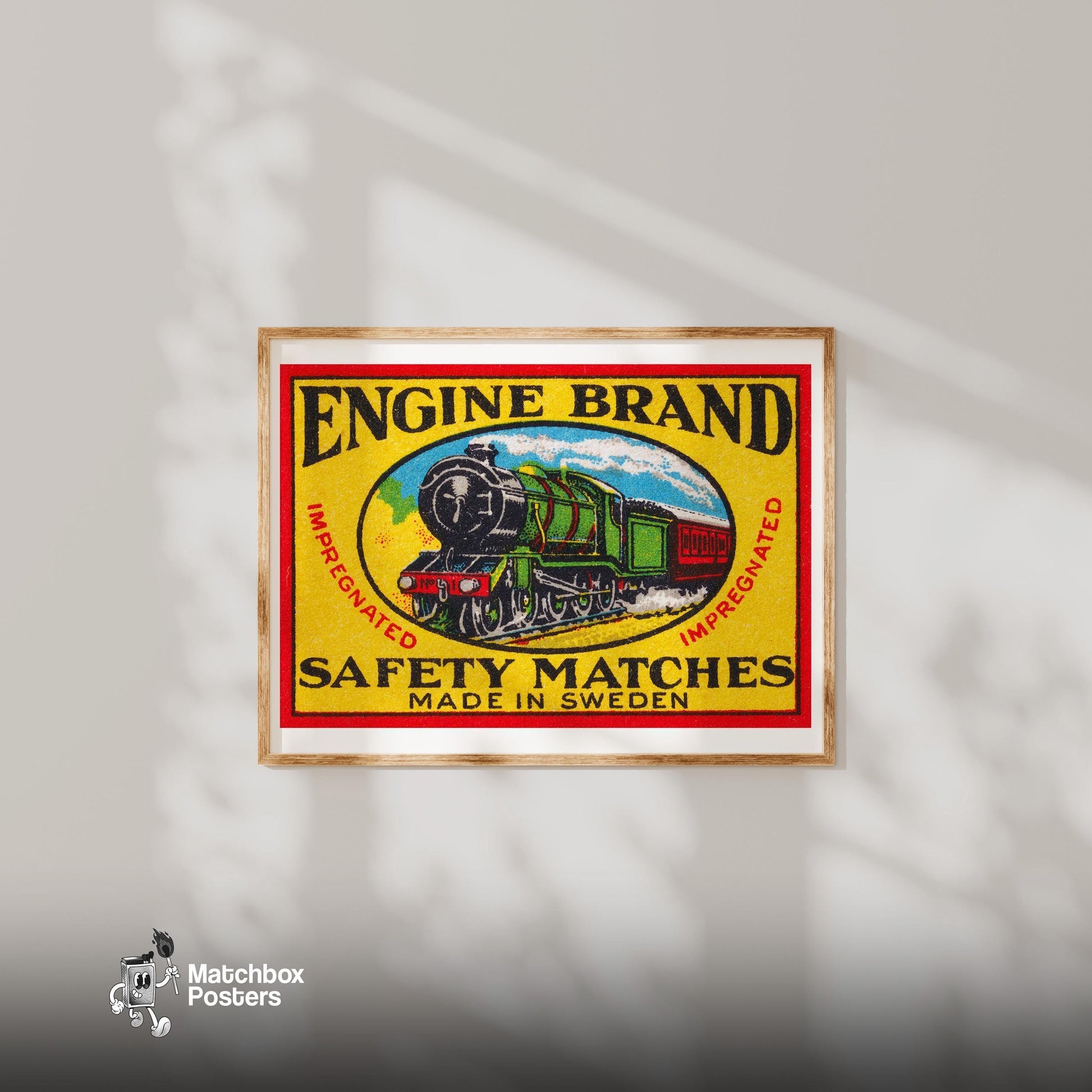 Green Steam Locomotive - vintage matchbox label print - bedroom mockup