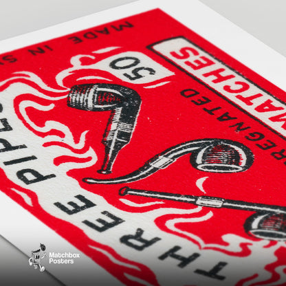 Three Pipes - vintage matchbox label print - close-up detail