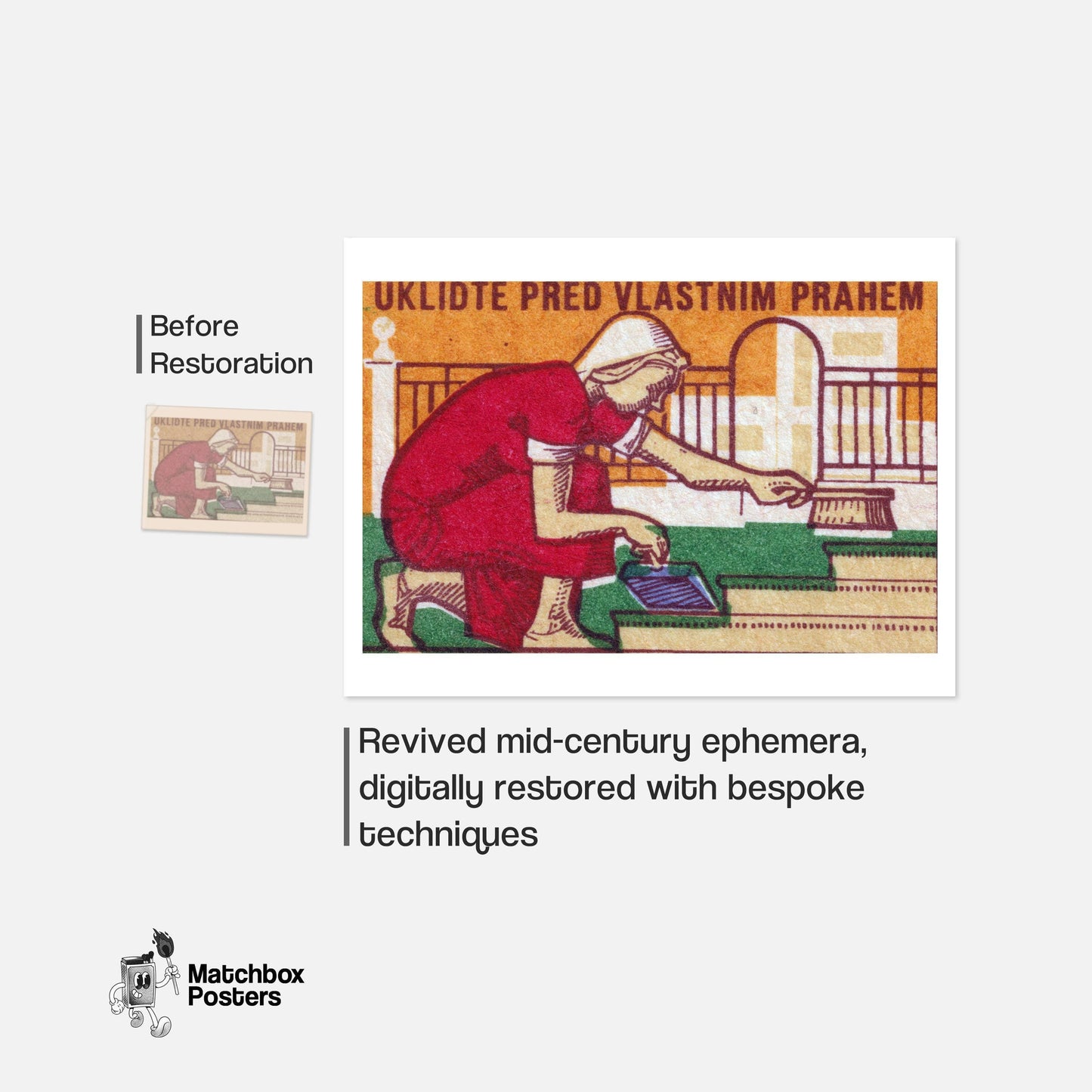 Clean Your Doorstep - vintage matchbox label print - framed wall art preview