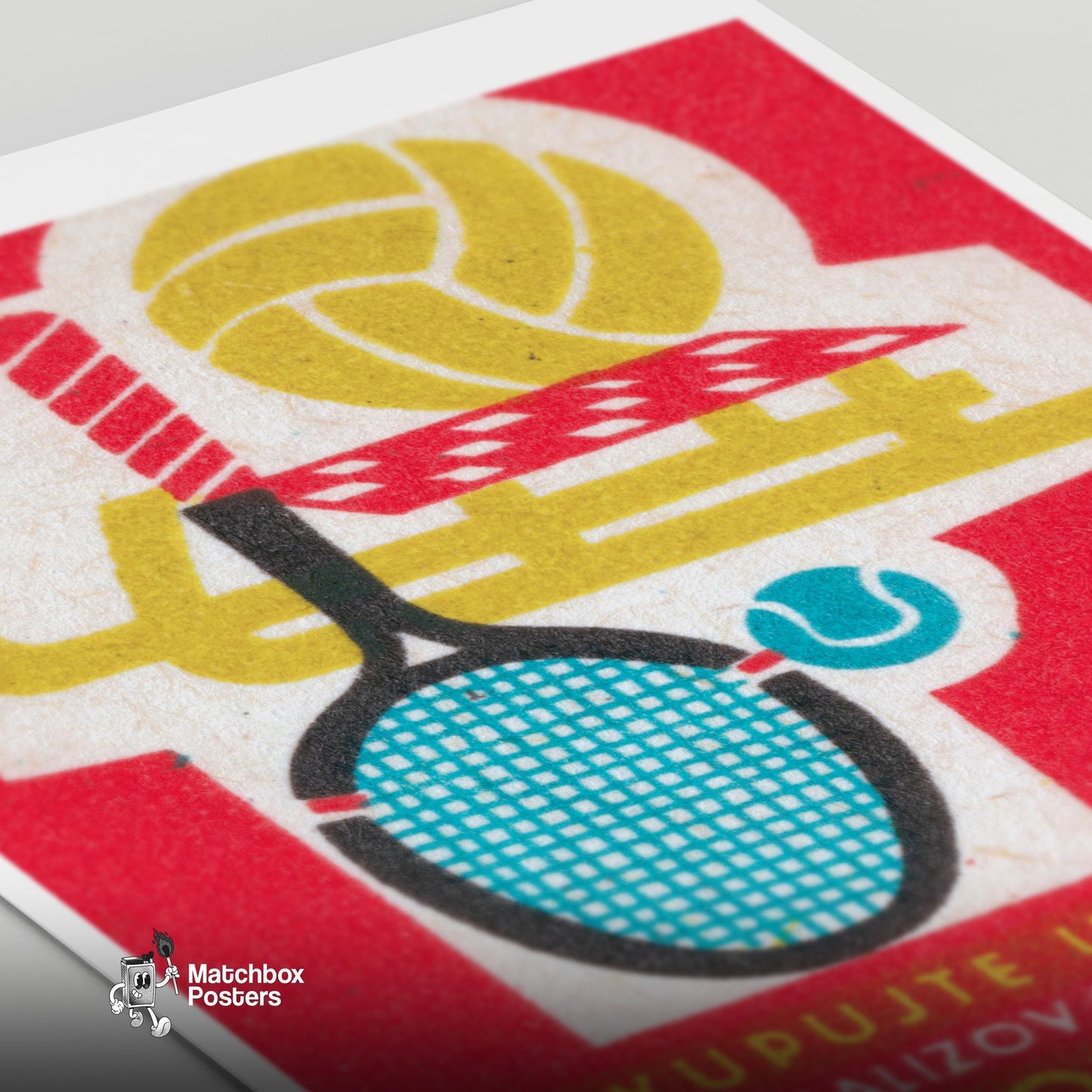 Sports Equipment Store - vintage matchbox label print - close-up detail