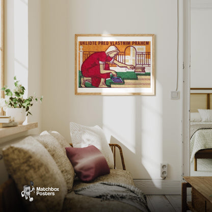 Clean Your Doorstep - vintage matchbox label print - living room mockup