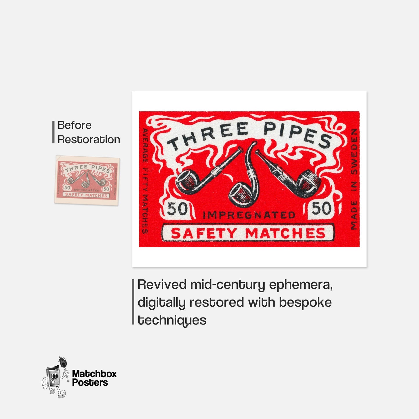 Three Pipes - vintage matchbox label print - framed wall art preview