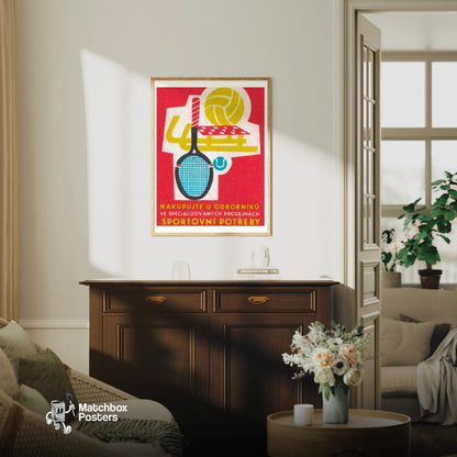 Sports Equipment Store - vintage matchbox label print - living room mockup