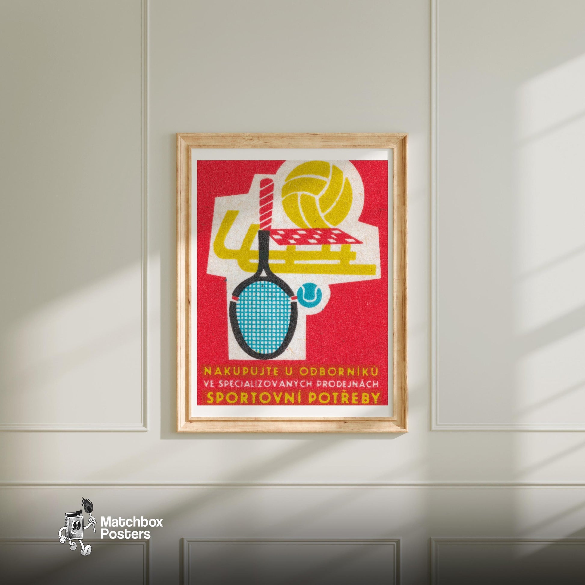 Sports Equipment Store - vintage matchbox label print - bedroom mockup
