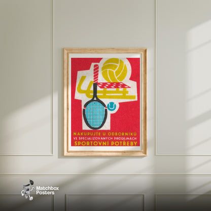 Sports Equipment Store - vintage matchbox label print - bedroom mockup