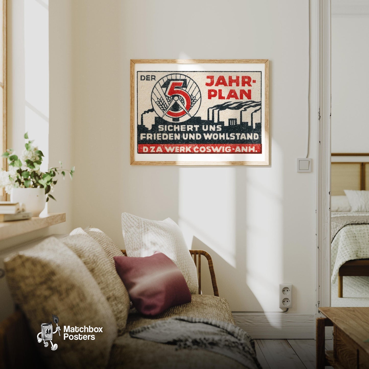 5 Year Plan - vintage matchbox label print - living room mockup
