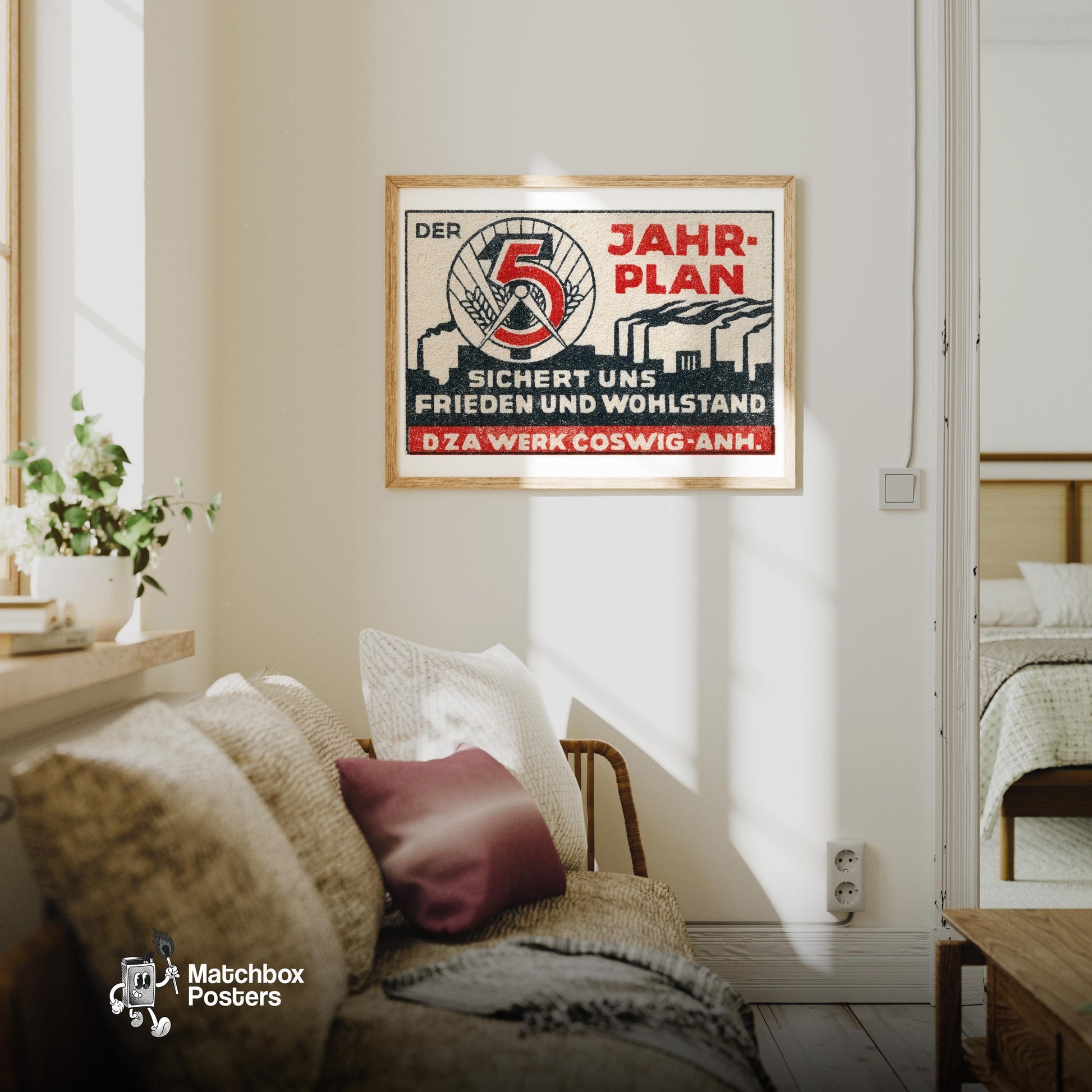5 Year Plan - vintage matchbox label print - living room mockup