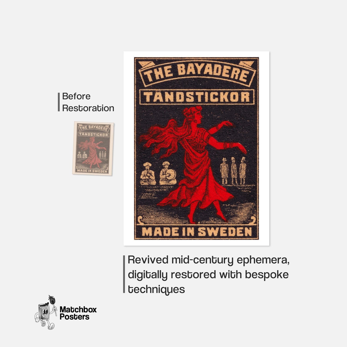 Red-Clad Dancer - vintage matchbox label print - framed wall art preview