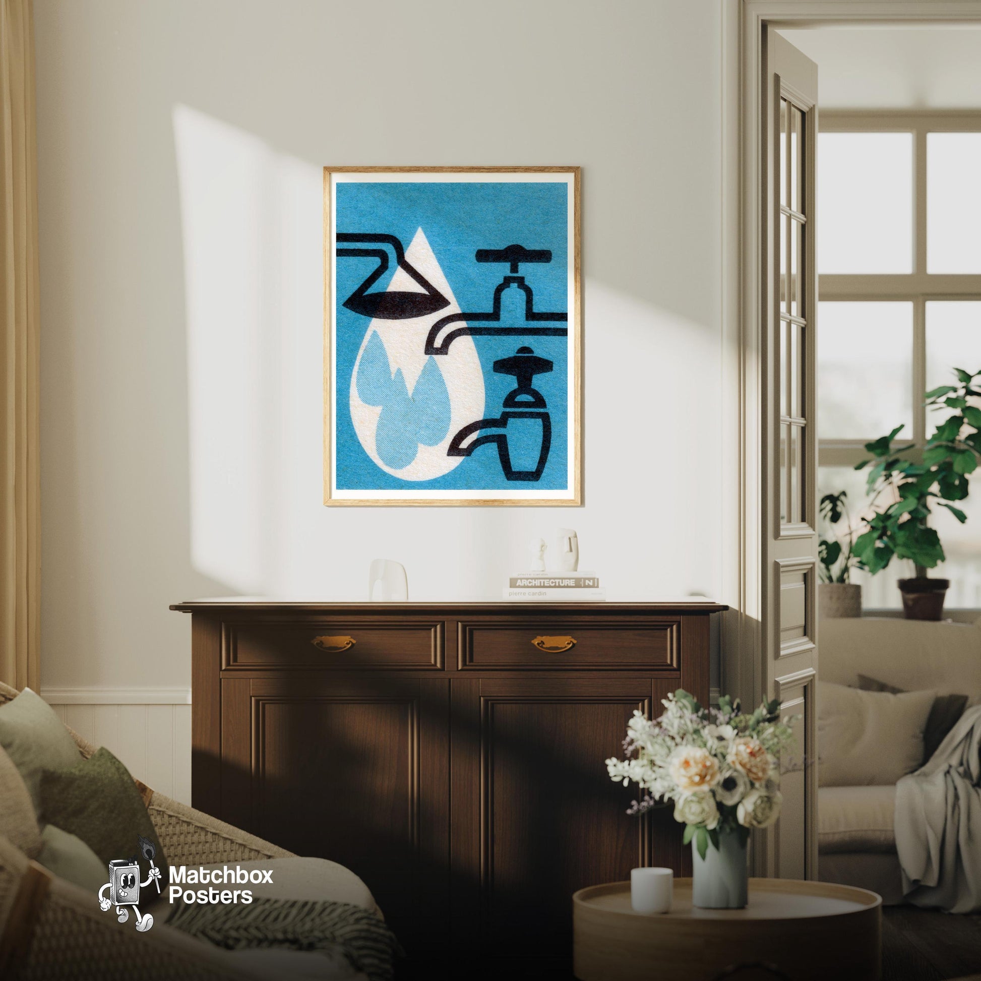 Water Taps - vintage matchbox label print - living room mockup