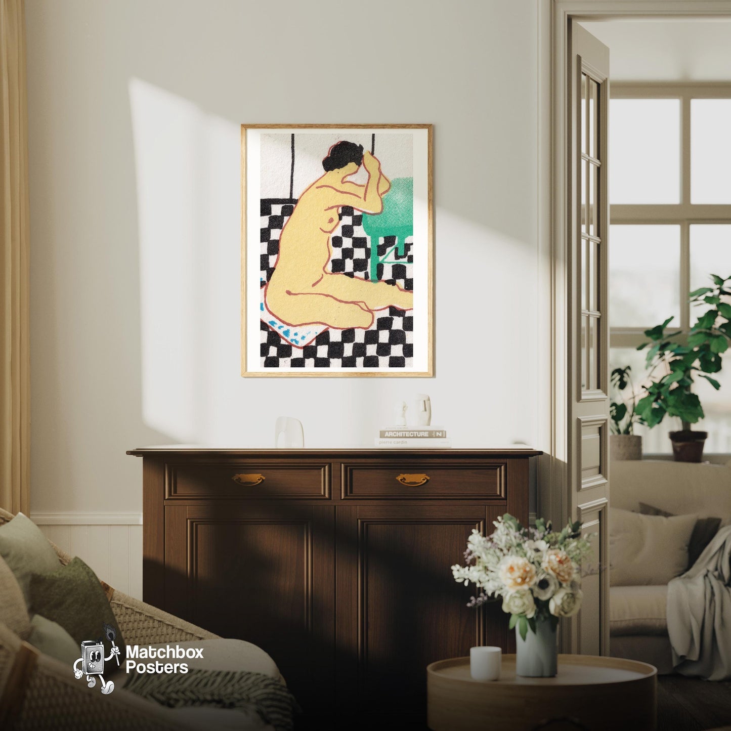 Seated Woman - vintage matchbox label print - living room mockup