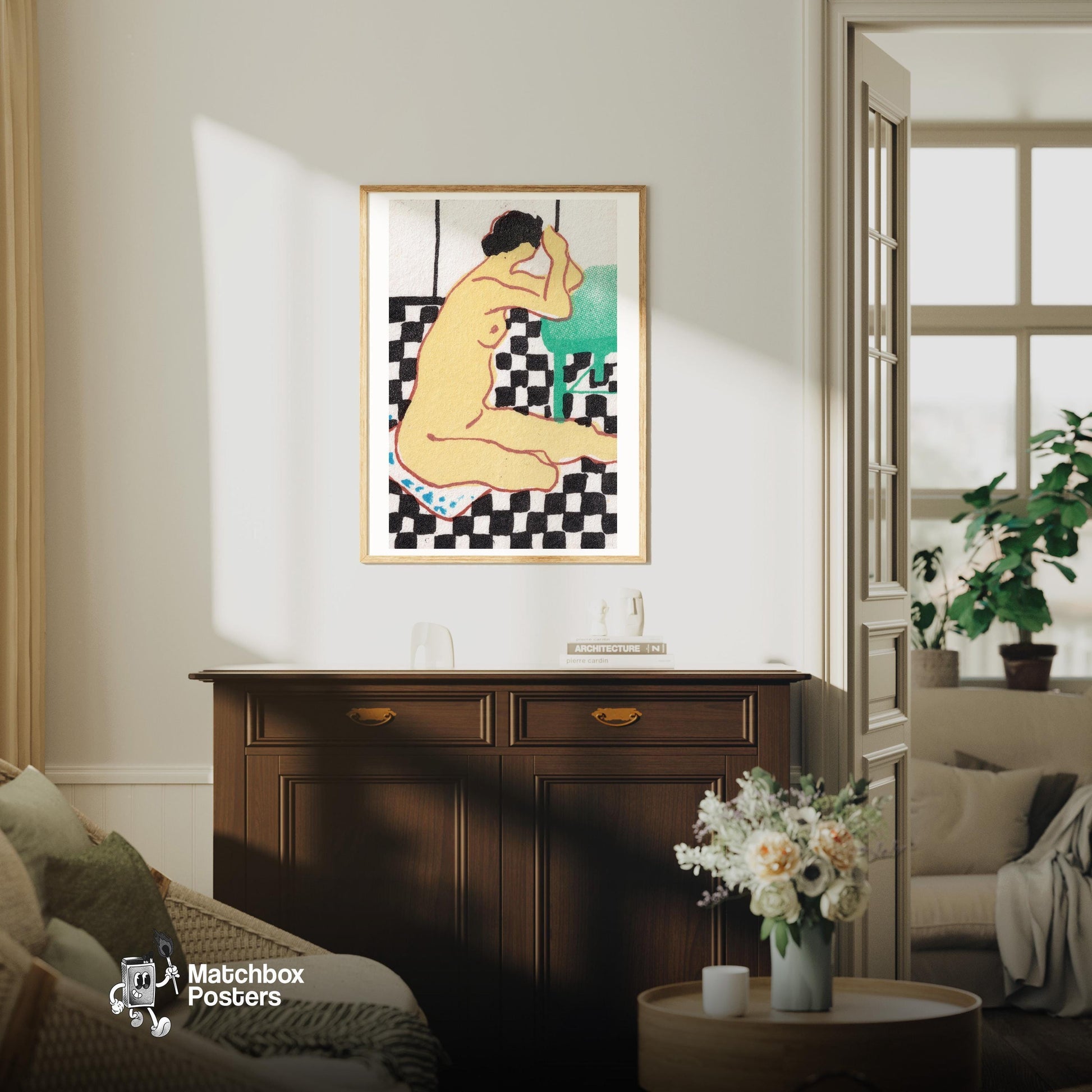 Seated Woman - vintage matchbox label print - living room mockup