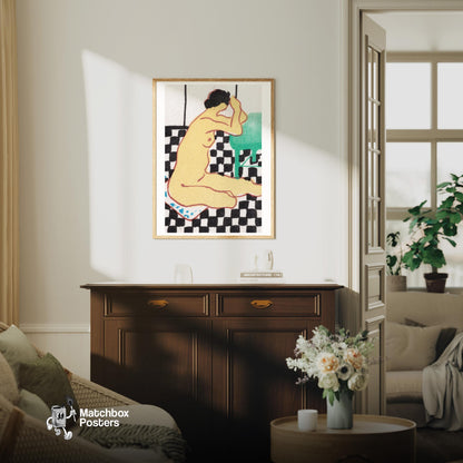 Seated Woman - vintage matchbox label print - living room mockup