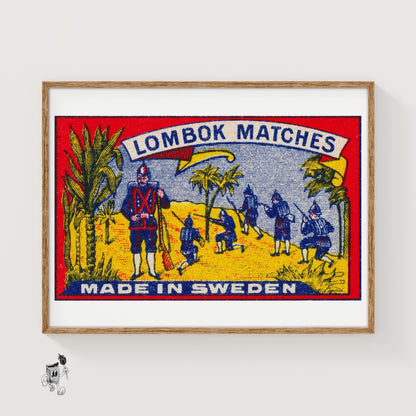 Soldiers in Tropical Setting - vintage matchbox label print