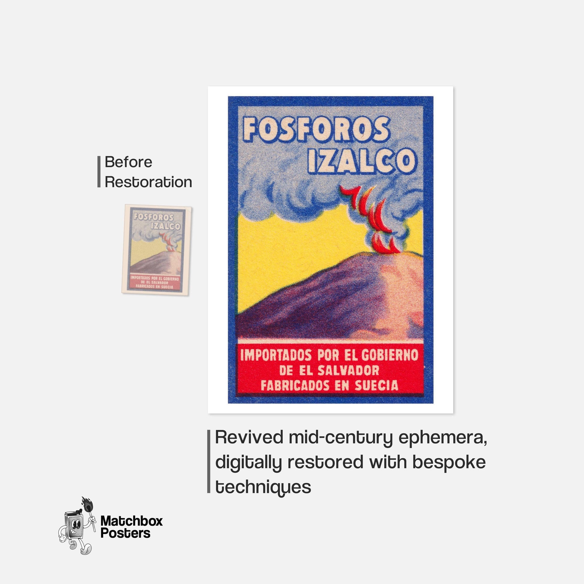 Erupting Volcano - vintage matchbox label print - framed wall art preview
