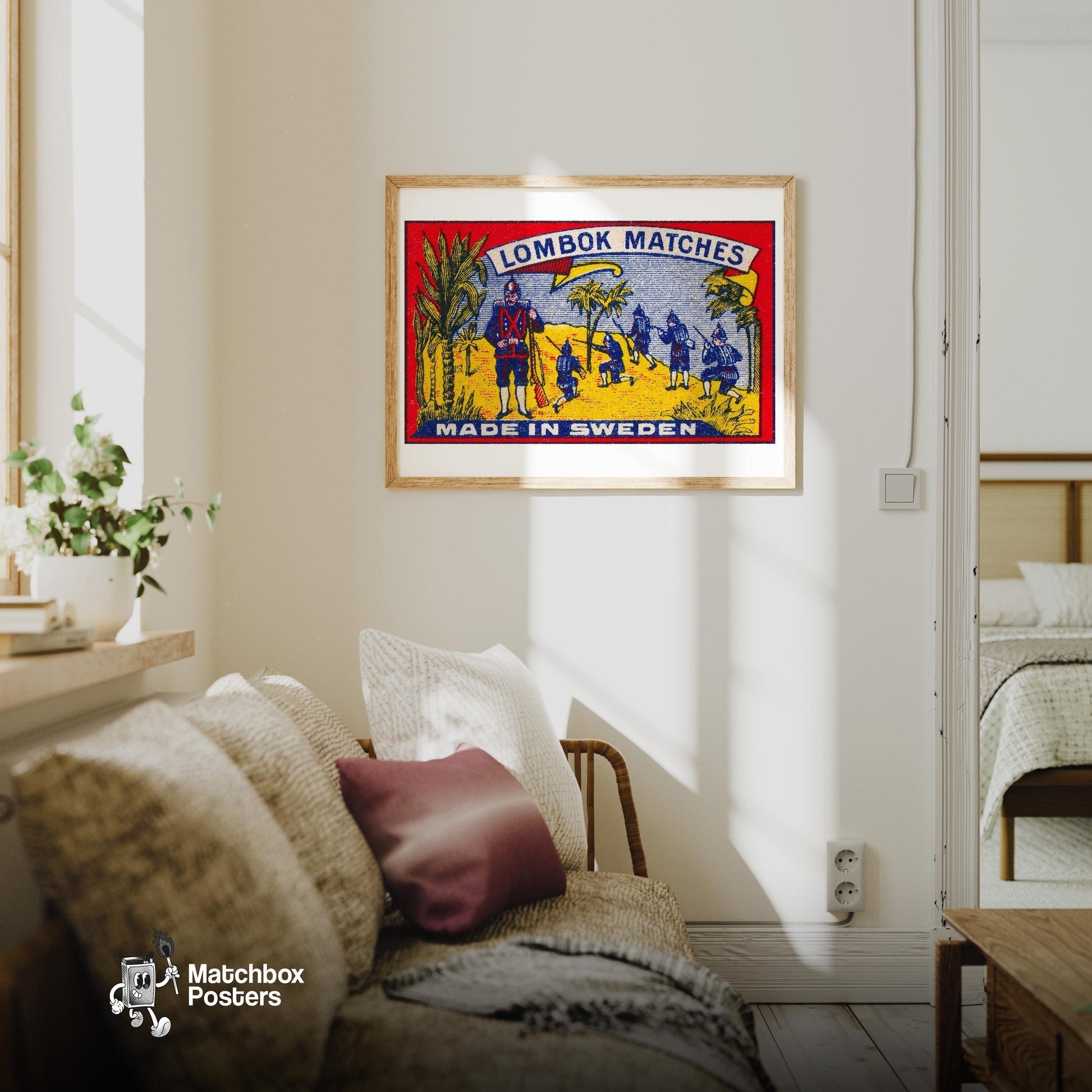 Soldiers in Tropical Setting - vintage matchbox label print - living room mockup