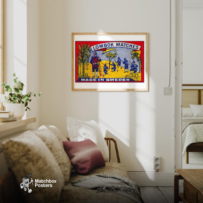 Soldiers in Tropical Setting - vintage matchbox label print - living room mockup