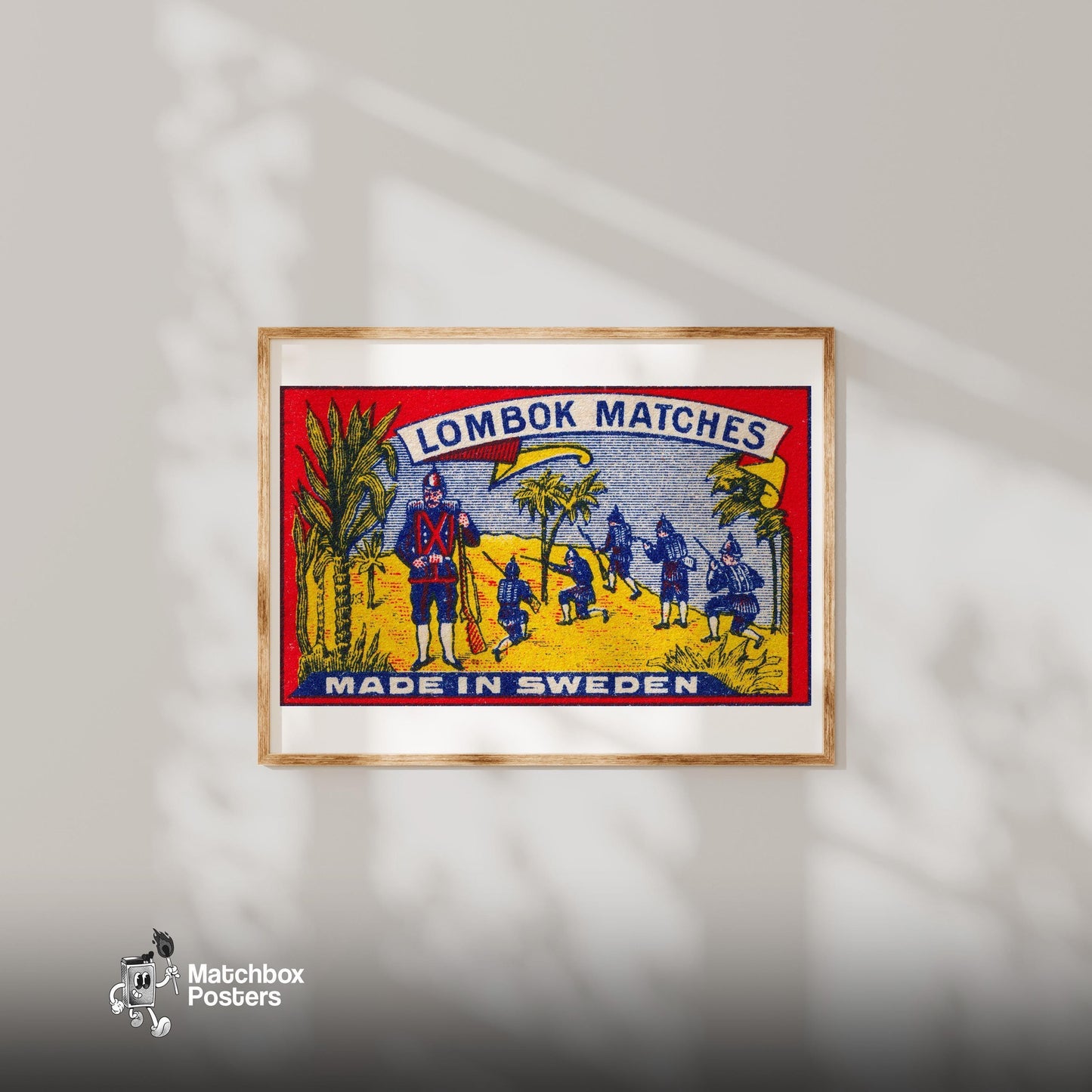 Soldiers in Tropical Setting - vintage matchbox label print - bedroom mockup