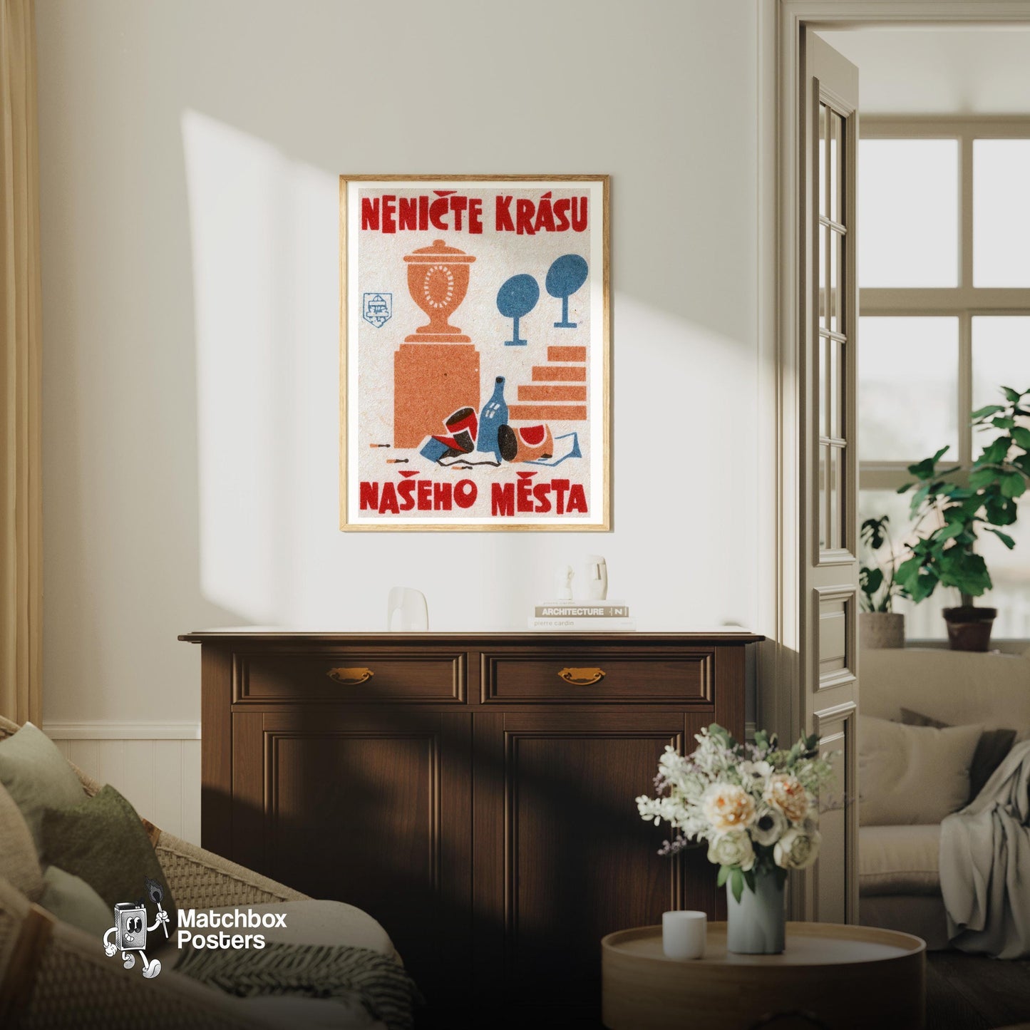 Don't Destroy City Beauty - vintage matchbox label print - living room mockup