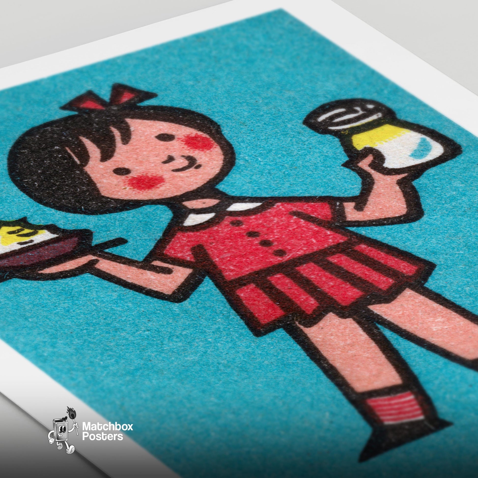 Girl Holding Food - vintage matchbox label print - close-up detail