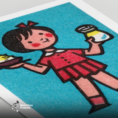 Girl Holding Food - vintage matchbox label print - close-up detail