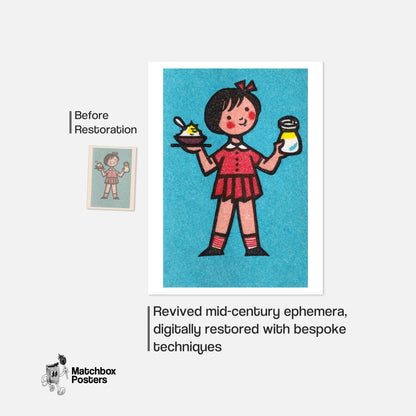 Girl Holding Food - vintage matchbox label print - framed wall art preview