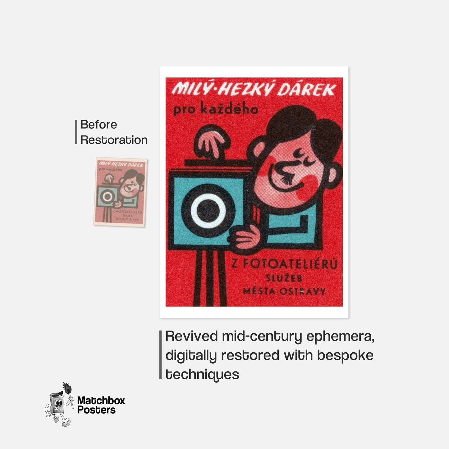 Cartoon Character with Camera - vintage matchbox label print - framed wall art preview
