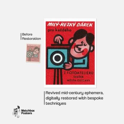 Cartoon Character with Camera - vintage matchbox label print - framed wall art preview