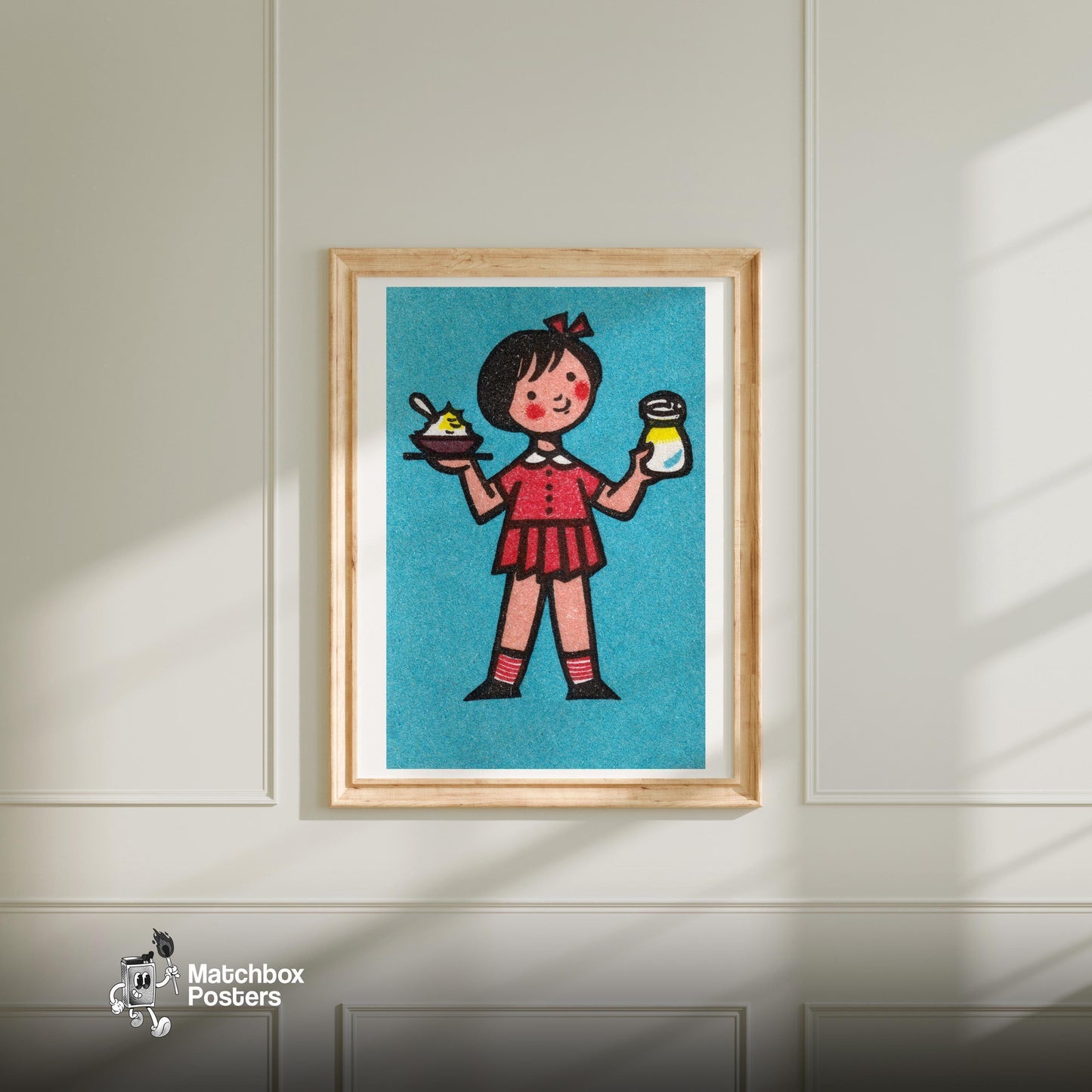 Girl Holding Food - vintage matchbox label print - bedroom mockup